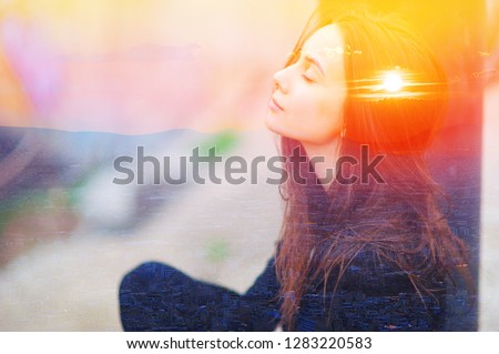 Double exposure closeup portrait of a dreamy cute closed eyes woman meditating outdoors, nature sense. Psychology power of mind, inner voice, self help, smart iq test, good mood, logic study concept