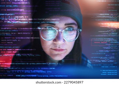 Double exposure, code or woman hacker in dark room at night for coding, phishing or cybersecurity. Database, programmer or girl hacking online in digital transformation on ai cloud computing website - Powered by Shutterstock