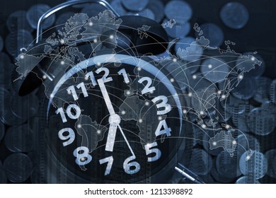 Double exposure of coin stack and alarm clock with city background and world map, financial graph, world map and global network business concept idea, element by NASA. - Shutterstock ID 1213398892