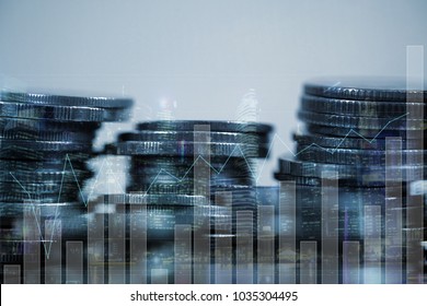 Double exposure of coin stack with city background and world map, financial graph, business concept idea.