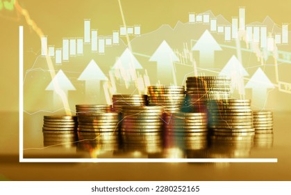 Double exposure of coin stack with financial graph and LED light bokeh background, business and finance concept idea. - Shutterstock ID 2280252165