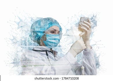 Double Exposure Collage Of A Doctor With A Dropper In His Hands.