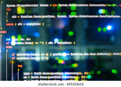 Double exposure of Computer language source code on computer monitor and network server room with computers. - Powered by Shutterstock - Get 15% off with code: PIKWIZARD15