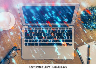 Double exposure of computer and technology theme drawing. Concept of innovation.