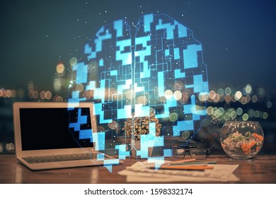 Double exposure of computer and technology theme drawing. Concept of innovation.