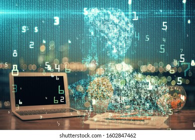 Double exposure of computer and technology theme drawing. Concept of innovation.