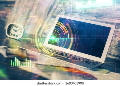 Double exposure of computer and technology theme hologram. Concept of freelance work.