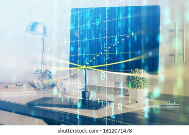 Double exposure of computer and technology theme hologram. Concept of freelance work.