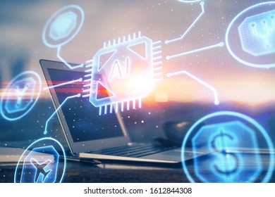 Double exposure of computer and technology theme hologram. Concept of freelance work. - Shutterstock ID 1612844308