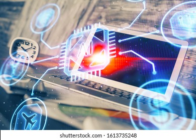 Double exposure of computer and technology theme hologram. Concept of freelance work.