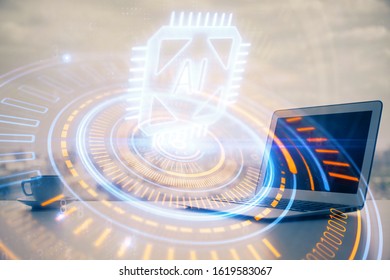 Double exposure of computer and technology theme hologram. Concept of freelance work.