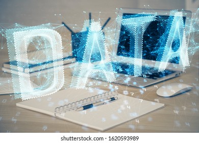 Double exposure of computer and technology theme drawing. Concept of innovation.
