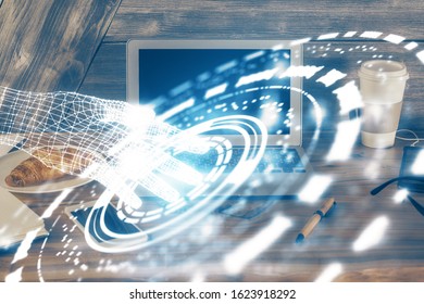 Double exposure of computer and technology theme drawing. Concept of innovation.