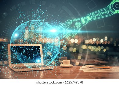 Double exposure of computer and technology theme drawing. Concept of innovation.