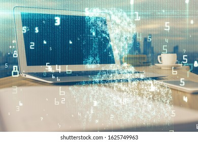 Double exposure of computer and technology theme hologram. Concept of freelance work.