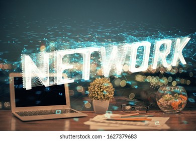 Double exposure of computer and technology theme drawing. Concept of innovation.