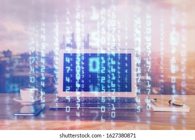 Double exposure of computer and technology theme hologram. Concept of freelance work.
