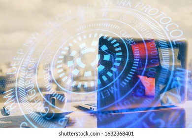 Double exposure of computer and technology theme hologram. Concept of freelance work.