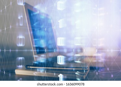 Double exposure of computer and technology theme drawing. Concept of innovation.