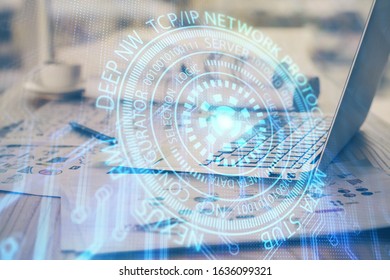 Double exposure of computer and technology theme hud. Concept of innovation.