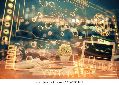 Double exposure of computer and technology theme hud. Concept of innovation.