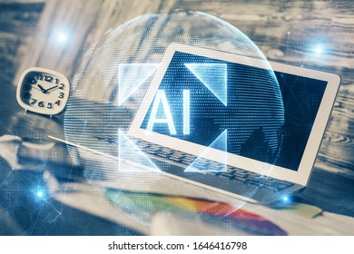 Double exposure of computer and technology theme hologram. Concept of freelance work.