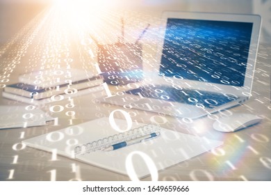 Double exposure of computer and technology theme drawing. Concept of innovation.