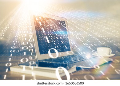 Double exposure of computer and technology theme drawing. Concept of innovation.