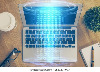 Double exposure of computer and technology theme drawing. Concept of innovation.