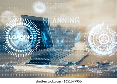 Double exposure of computer and technology theme hud. Concept of innovation.