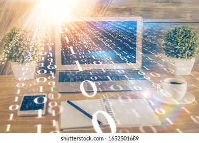 Double exposure of computer and technology theme drawing. Concept of innovation.