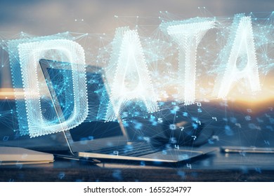 Double exposure of computer and technology theme hologram. Concept of freelance work.