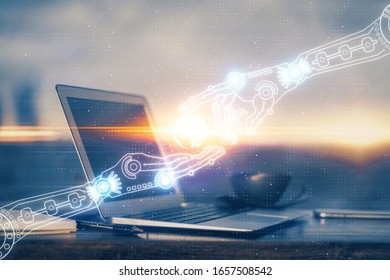 Double exposure of computer and technology theme hologram. Concept of freelance work.