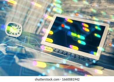 Double exposure of computer and technology theme hologram. Concept of freelance work.