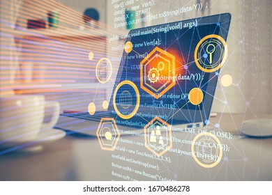 Double exposure of computer and technology theme hud. Concept of innovation.