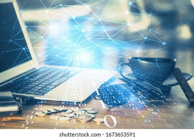 Double exposure of computer and technology theme hologram. Concept of freelance work.