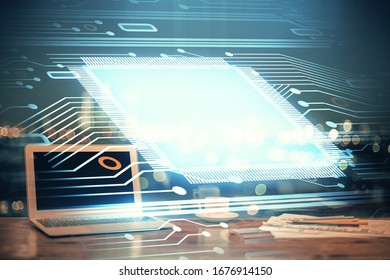Double exposure of computer and technology theme drawing. Concept of innovation.