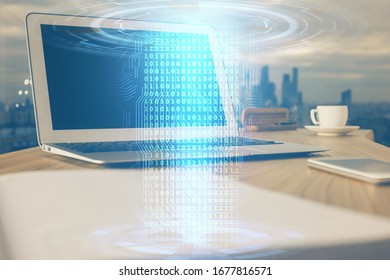 Double exposure of computer and technology theme hologram. Concept of freelance work.