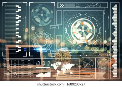 Double exposure of computer and technology theme drawing. Concept of innovation.