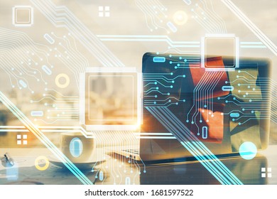 Double exposure of computer and technology theme hologram. Concept of freelance work. - Shutterstock ID 1681597522