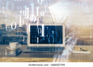 Double exposure of computer and technology theme hologram. Concept of freelance work.
