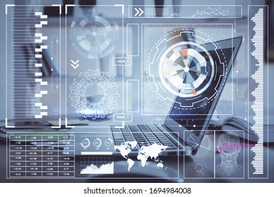 Double exposure of computer and technology theme drawing. Concept of innovation.