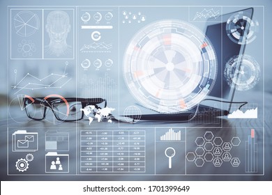 Double exposure of computer and technology theme drawing. Concept of innovation.