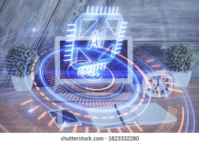 Double exposure of computer and technology theme hologram. Concept of freelance work.