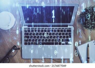 Double exposure of computer and technology theme drawing. Concept of innovation.