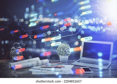 Double exposure of computer and technology theme hud. Concept of innovation.