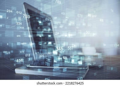 Double exposure of computer and technology theme drawing. Concept of innovation.