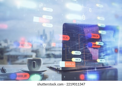 Double exposure of computer and technology theme hologram. Concept of freelance work.