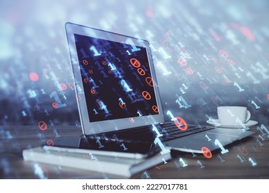 Double exposure of computer and technology theme drawing. Concept of innovation.