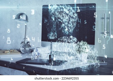 Double exposure of computer and technology theme hologram. Concept of freelance work.